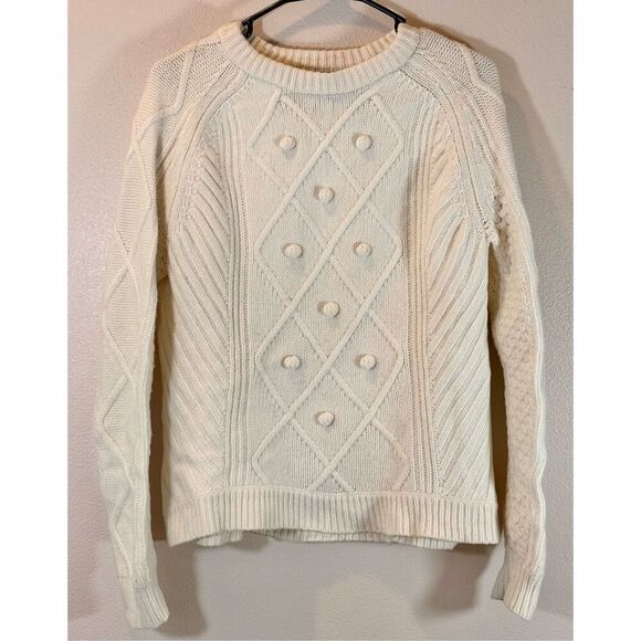 J. Crew Ivory Aran 100% Wool Cable Knit Raised Dots Cream Women's Sweater M - Picture 2 of 12
